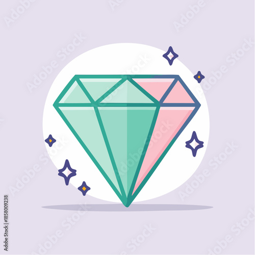 Illustration of a diamond with pink and green facets, surrounded by sparkles.