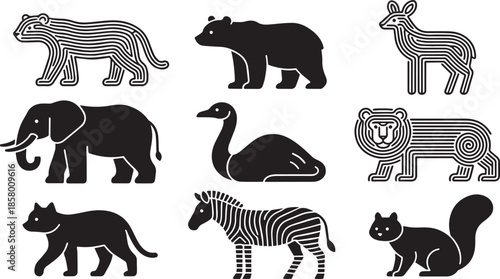 Creative animal icon set tiger bear deer elephant swan squirrel zebra logo sign