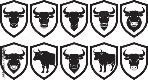 Set of bulls heads in shield vector icons isolated on transparent background