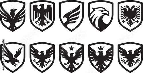 Set of eagles in shield vector icons isolated on transparent background