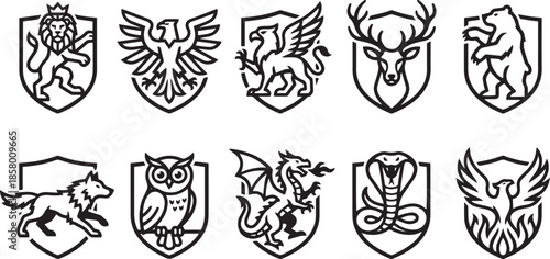 Set of animal logo shield emblems vector collection for branding and heraldic design