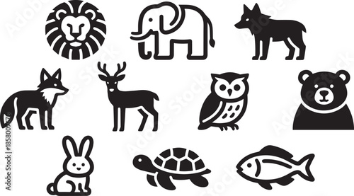 Collection of minimalist animal icons bear elephant fox deer owl rabbit turtle and fish