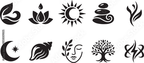 Set of 10 unique vector line art wellness symbols on transparent background