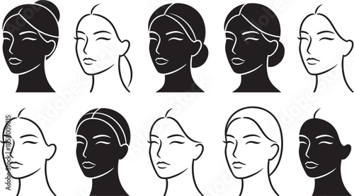 Set of 10 unique vector face line art icons on transparent background