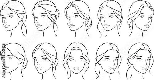 Set of 10 unique vector woman face line art icons on transparent background