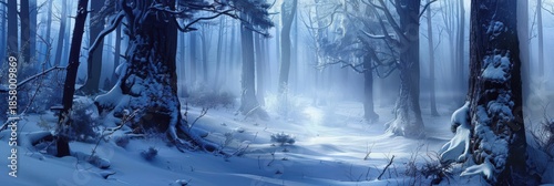 Snowflakes gently fall in a winter forest, where snowdrifts and trees are enveloped in a cool, calming winter blue atmosphere.