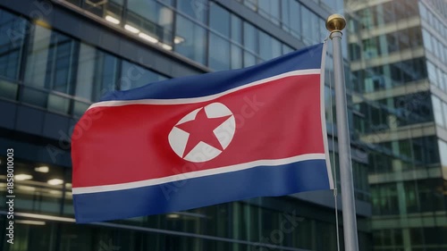North Korean flag waving in front of modern office building