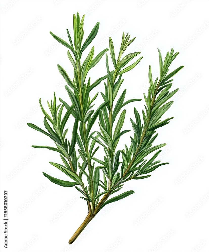 Obraz premium Watercolor illustration of rosemary sprigs with needle-like leaves. Botanical art, herbal medicine, cooking herb, natural remedy, painted texture.