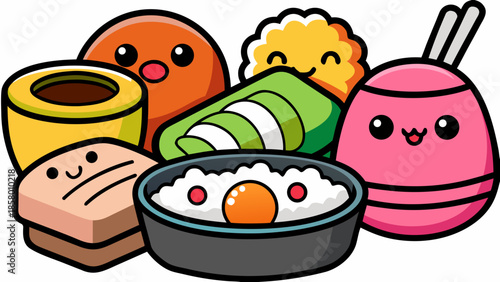 Cute Kawaii Sushi Set Vector Illustration