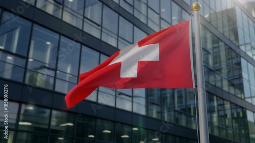 Swiss flag waving in front of modern corporate building