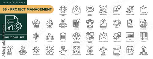 A collection of Project Management icons set with editable stroke, including time management, budget, time line, to do list, integration, brainstorm, goal settings. Thin linear vector illustration