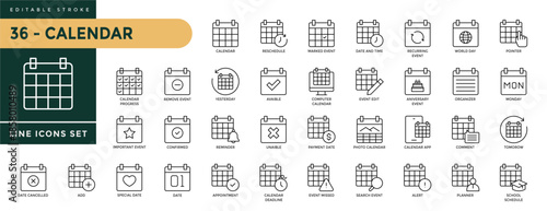 A collection of  Calendar icons set with editable stroke, including reschedule, event, date and time, world day, pointer, important event, date, appointment, deadline. Line vector icons illustration