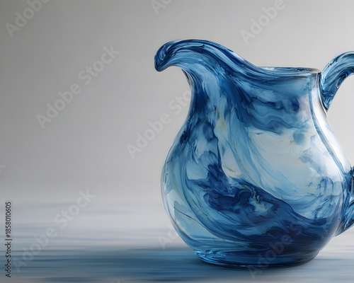 An antique blue ceramic and glass vase stands as a clean isolated porcelain object on white, resembling a pottery pitcher or water jug container for cold liquid