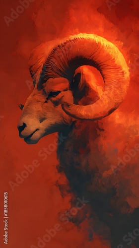A wild bighorn sheep ram portrait with large horns and a brown face isolated on a black background as a nature wildlife mammal illustration