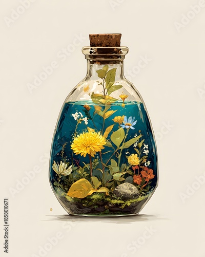 An isolated blue ceramic vase with flowers and an antique porcelain jug decoration set beside a clear glass water bottle and empty pottery jar object