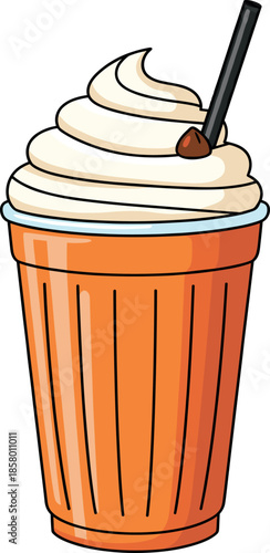 Vibrant orange cold blended coffee or frappe drink vector illustration, topped with rich whipped cream and straw for sweet dessert beverage and café menu.