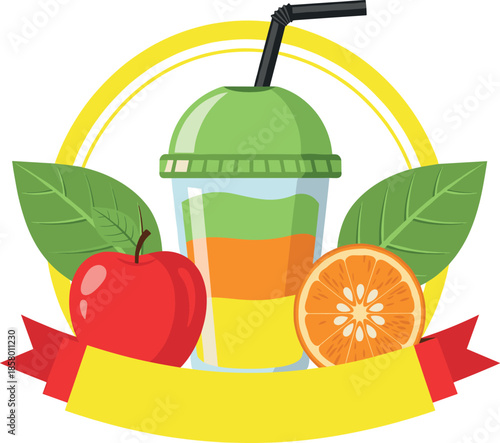 Vibrant vector badge or logo design featuring a layered fruit smoothie in a takeaway cup, framed by an apple, orange slice, leaves, and a customizable banner ribbon.