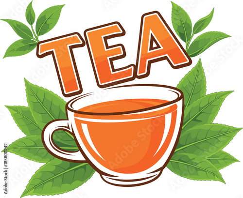 Vibrant vector illustration of a cup of hot orange tea surrounded by fresh green leaves and bold "TEA" text, perfect for tea brand logo and beverage packaging.