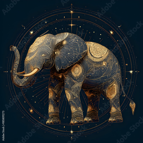 Large isolated illustration of a big wild mammal elephant with a long trunk standing on the moon as a decorative wildlife art piece for safari and nature lovers