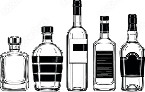 Vintage Engraving Liquor Bottle Lineup Vector: Black and White Hand-Drawn Sketch of Five Different Shaped Spirit Bottles with Blank Labels, Perfect for Bar Menu and Premium Branding