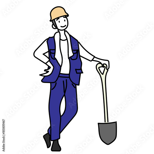 スコップを持って余裕のある立ち姿を見せる作業員の男性イラスト素材｜建設現場や土木作業を想起させる親しみやすい人物表現
