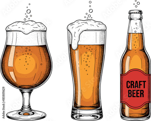Vintage Engraving Style Craft Beer Set Vector: Features a Chalice Glass and a Pilsner Glass Overflowing with Froth, Plus a Labeled Bottle, Ideal for Brewery Menus and Advertising