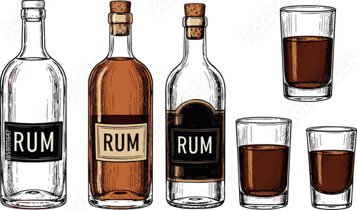 Vintage Engraving Style Rum Bottle and Shot Glass Set Vector: Hand-Drawn Sketch Collection Featuring Full and Empty Bottles and Glasses of Dark Spirit, Ideal for Bar Menus and Pirates Theme