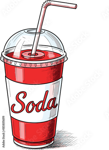 Vintage Engraving Style Soda Cup Vector: Hand-Drawn Sketch of a Red Soft Drink in a Disposable Plastic Cup with a Dome Lid and Straw, Ideal for Diner Menus and Retro Design