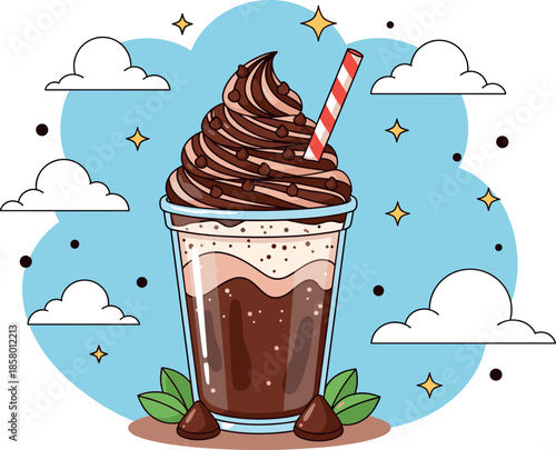 Whimsical cartoon vector illustration of a chocolate frappe or milkshake topped with high whipped cream, set against a dreamy blue sky background with stars and white clouds.