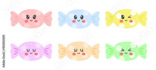 Cute kawaii candy character sticker set. Wrapped sweets with facial expressions. Vector illustration.