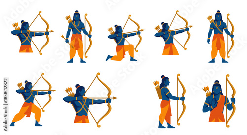 Lord Rama Vector Character Set Action Poses Shooting Arrow with Bow for Dussehra and Diwali Festival Design Isolated on White Background