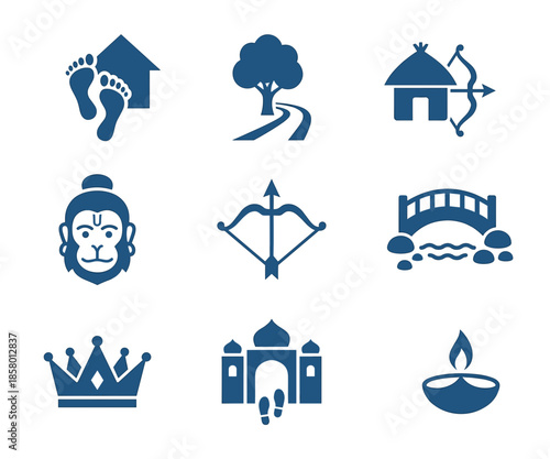 Lord Rama Vector Icon Set Blue Silhouette Symbols Including Paduka Bridge Hanuman and Temple for Ramayana Story and Diwali Projects