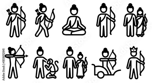 Lord Rama Vector Pictogram Set Black Line Art Stick Figure Icons Depicting Life of Hindu God including Battle with Ravana and Blessing Hanuman for Ramayana Story Visual