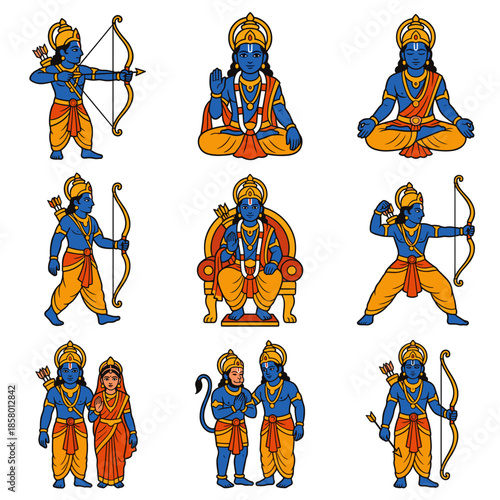 Lord Rama Vector Illustration Set Featuring Sita Hanuman and Coronation Scene in Traditional Indian Art Style for Hindu Religious Festivals