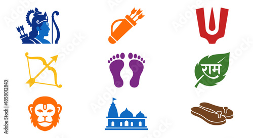 Lord Rama Vector Icon Set Minimalist Symbols of Ramayana Including Bow Arrow Tilak Paduka and Ayodhya Temple for Hindu Religious Festival Design