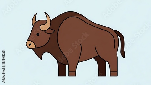 Brown Bison Standing Alone Cartoon Illustration.