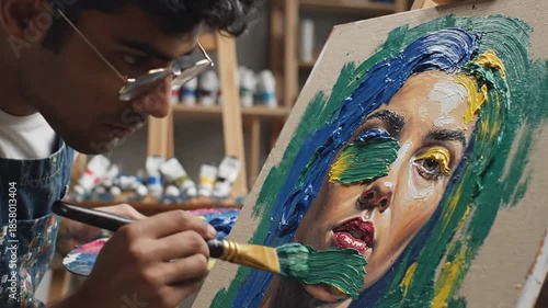 A person paints a portrait on a canvas using oil paints in a studio, close-up with a palette