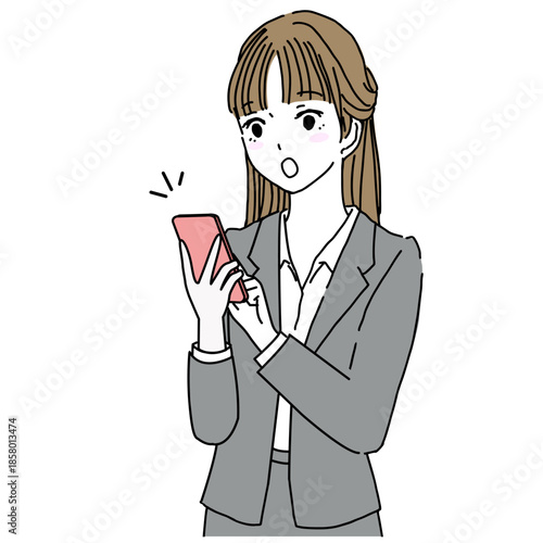 Illustration of a young woman in a suit, upper body only, looking at her smartphone in surprise