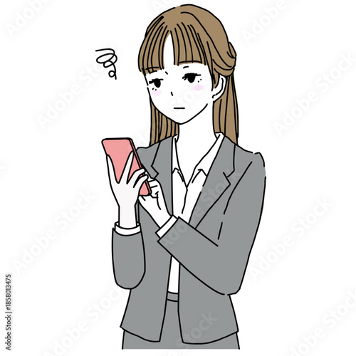 Illustration of a young woman in a suit, upper body only, staring expressionlessly at her smartphone.