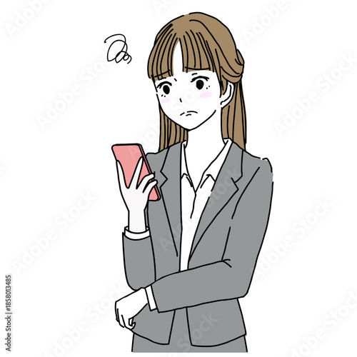 Illustration of a young woman in a suit, upper body only, looking troubled while checking her smartphone