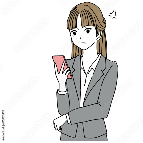 Illustration of an angry young businesswoman looking at her smartphone