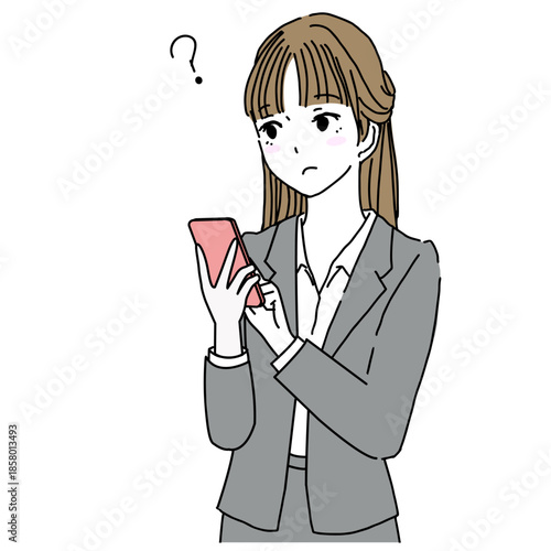 スマホを見て疑問を持つスーツの若い女性のイラスト