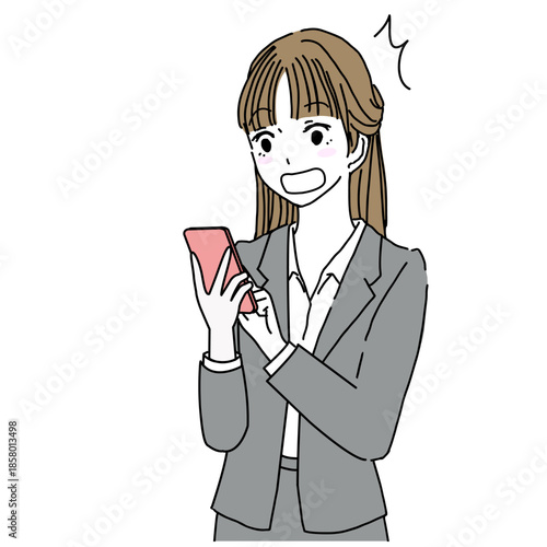 Illustration of a woman in a suit looking at her smartphone in surprise