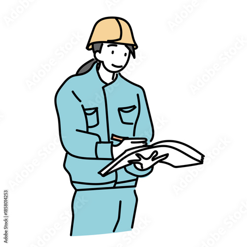 図面を手に作業内容を確認する女性作業員のイラスト素材｜建設や設計の現場で計画と安全管理に取り組む働く女性の人物表現