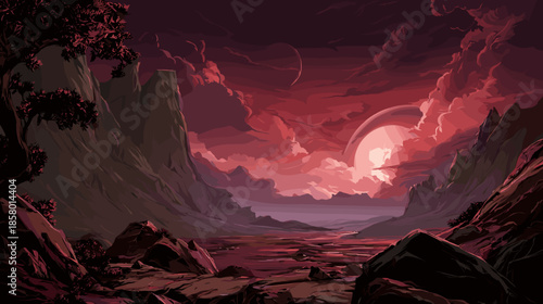 Dark Red sci-fi space world, vector game illustration