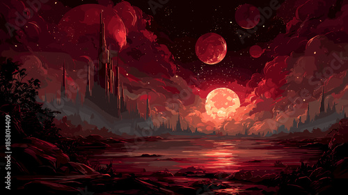 Dark Red sci-fi space world, vector game illustration