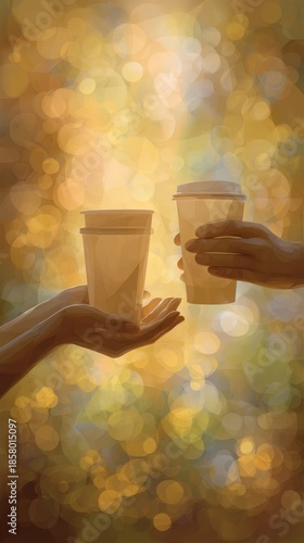 Two hands exchanging coffee cups against a warm, glowing background, creating a sense of connection and warmth, perfect for sharing moments and friendship