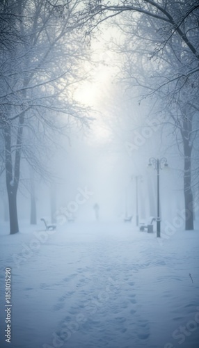 Winter Park Pathway Covered in Snow with Silhouetted Figure in Foggy Morning Light
