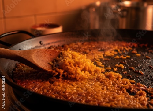 Golden Paella Rice Cooking in a Large Black Pan with Wooden Spoon Steam Rising Warm Evening Kitchen Light