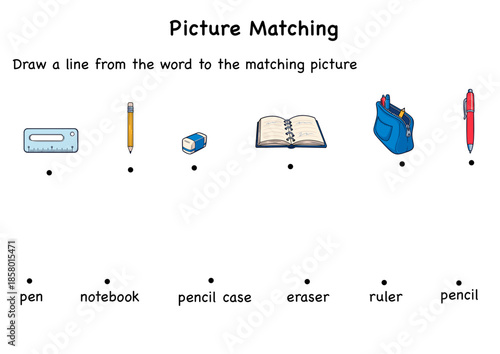 Classroom items for picture matching activity with school supplies  